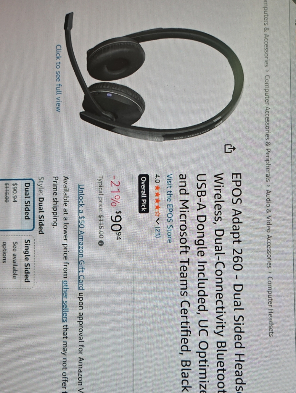 EPOS Adapt 260 Wireless Dual-Sided Headset in Black